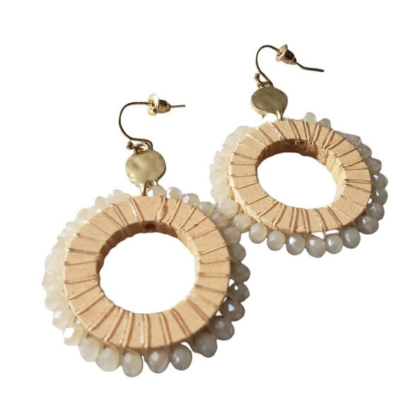 Womens Ivory Wood Glass Beaded Hoop Circle Drop Dangle French Hook Earrings - Picture 3 of 4